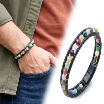 6mm Çakra Akik Taşlı Deri Kordon Ve Zamak Kilit Bileklik