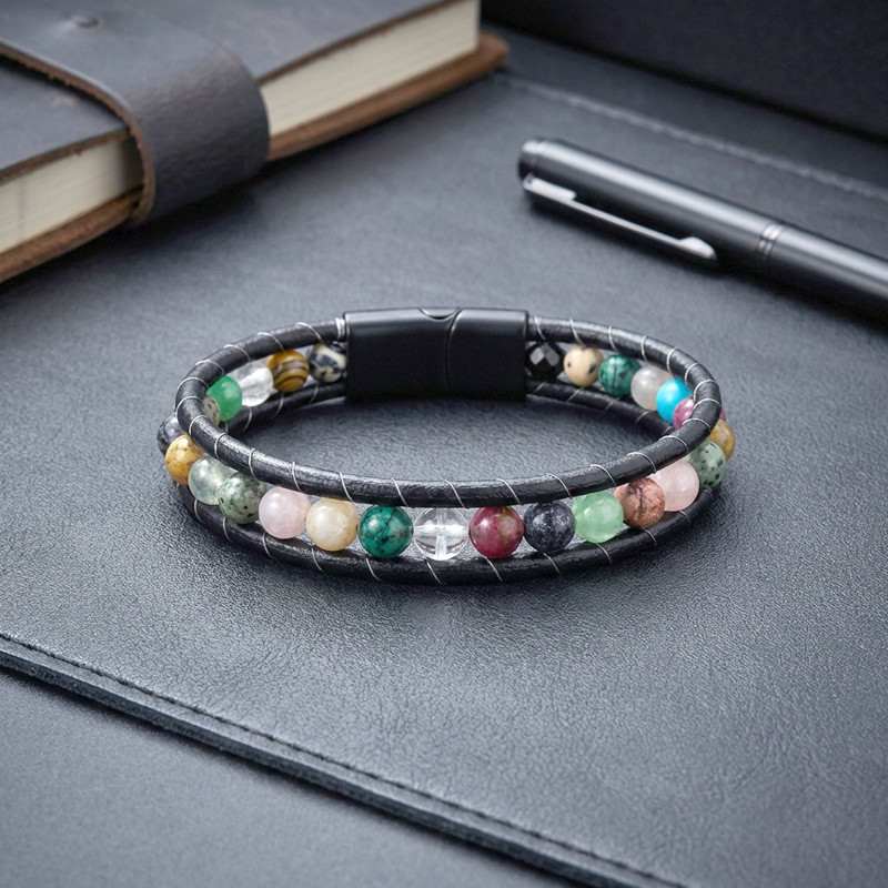 6mm Çakra Akik Taşlı Deri Kordon Ve Zamak Kilit Bileklik