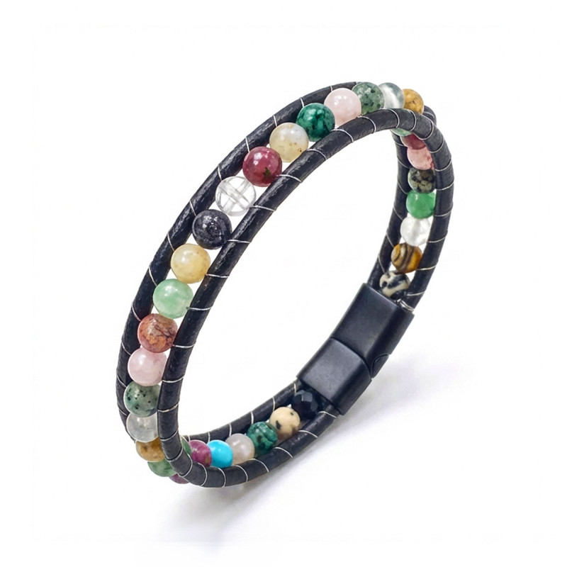 6mm Çakra Akik Taşlı Deri Kordon Ve Zamak Kilit Bileklik