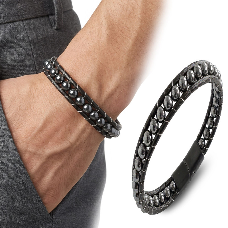 6mm Hematit Taşlı Deri Kordon Ve Çelik Bileklik