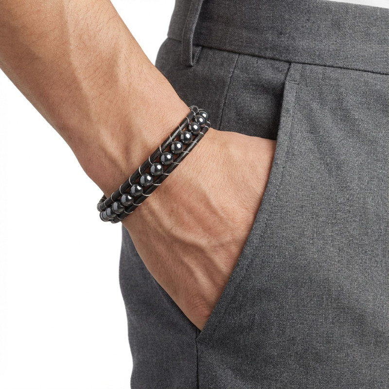 6mm Hematit Taşlı Deri Kordon Ve Çelik Bileklik