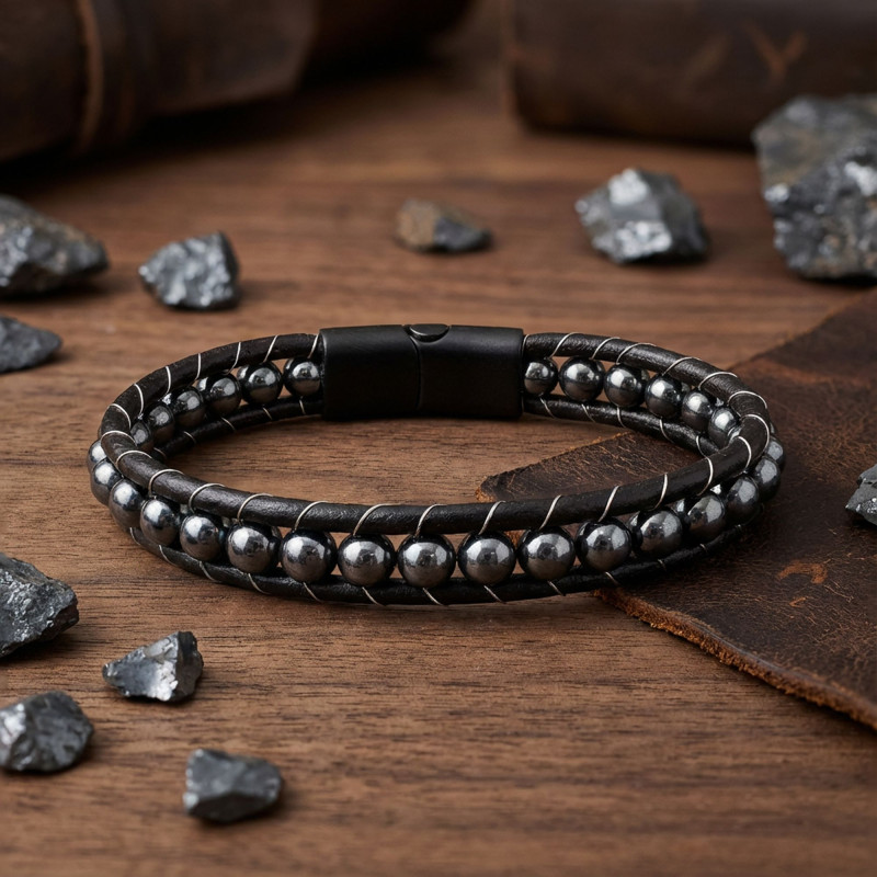 6mm Hematit Taşlı Deri Kordon Ve Çelik Bileklik