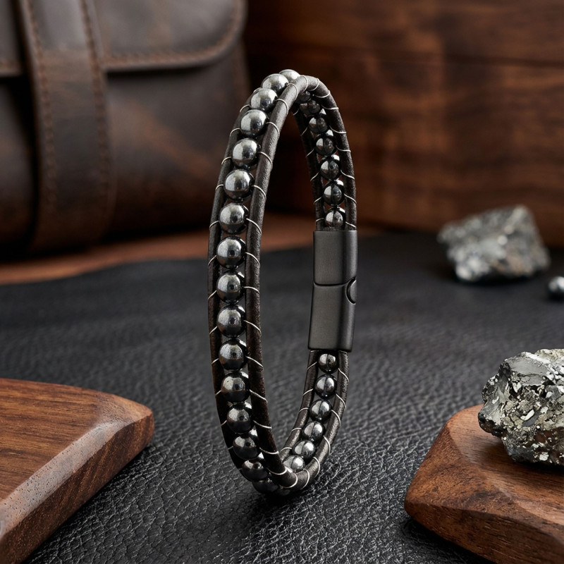 6mm Hematit Taşlı Deri Kordon Ve Çelik Bileklik