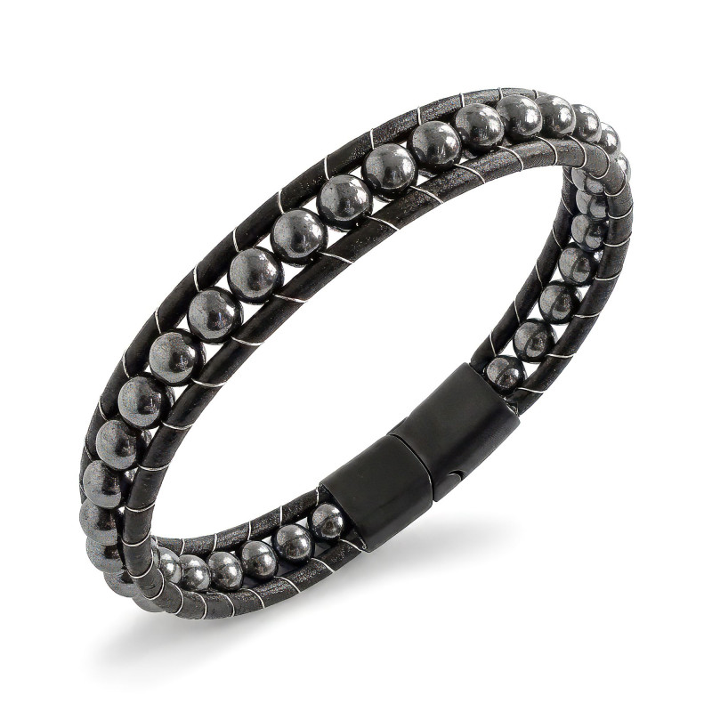6mm Hematit Taşlı Deri Kordon Ve Çelik Bileklik