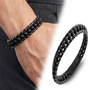 6mm Mat Oniks Taşlı Deri Kordon Ve Çelik Bileklik