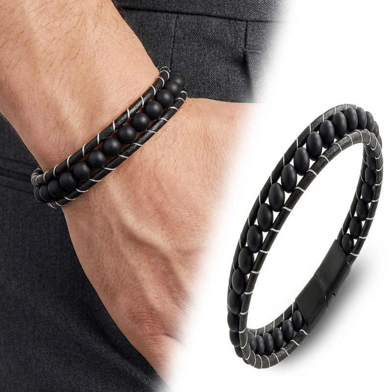 6mm Mat Oniks Taşlı Deri Kordon Ve Çelik Bileklik 6mm Mat Oniks Taşlı Deri Kordon Ve Çelik Bileklik