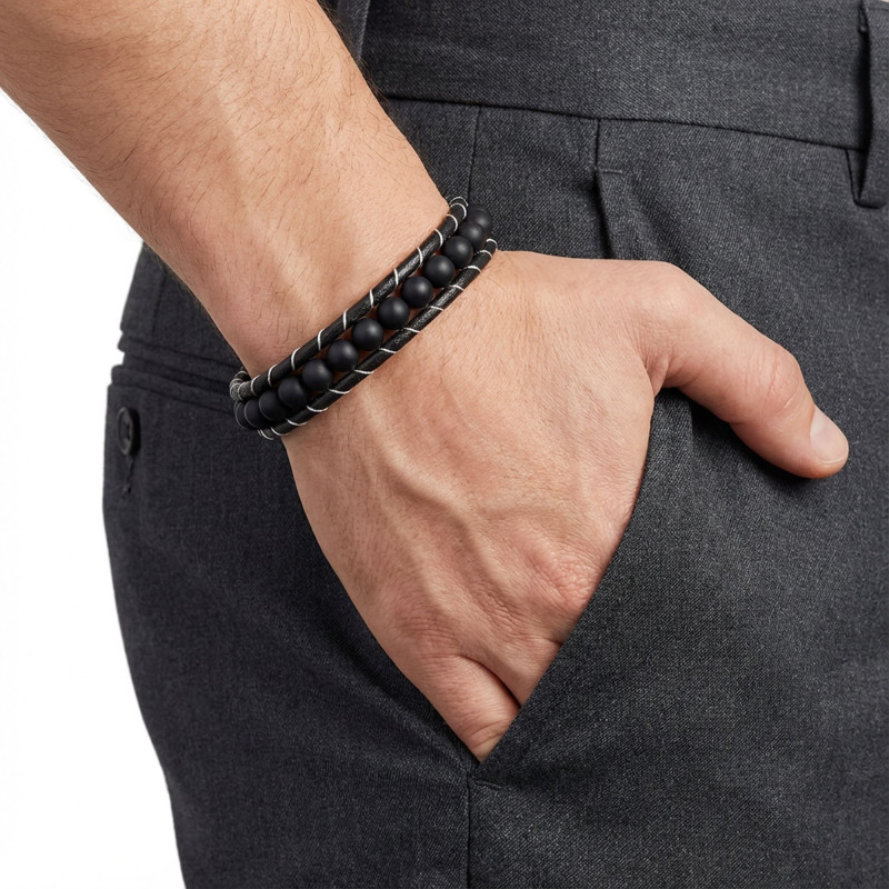 6mm Mat Oniks Taşlı Deri Kordon Ve Çelik Bileklik 6mm Mat Oniks Taşlı Deri Kordon Ve Çelik Bileklik