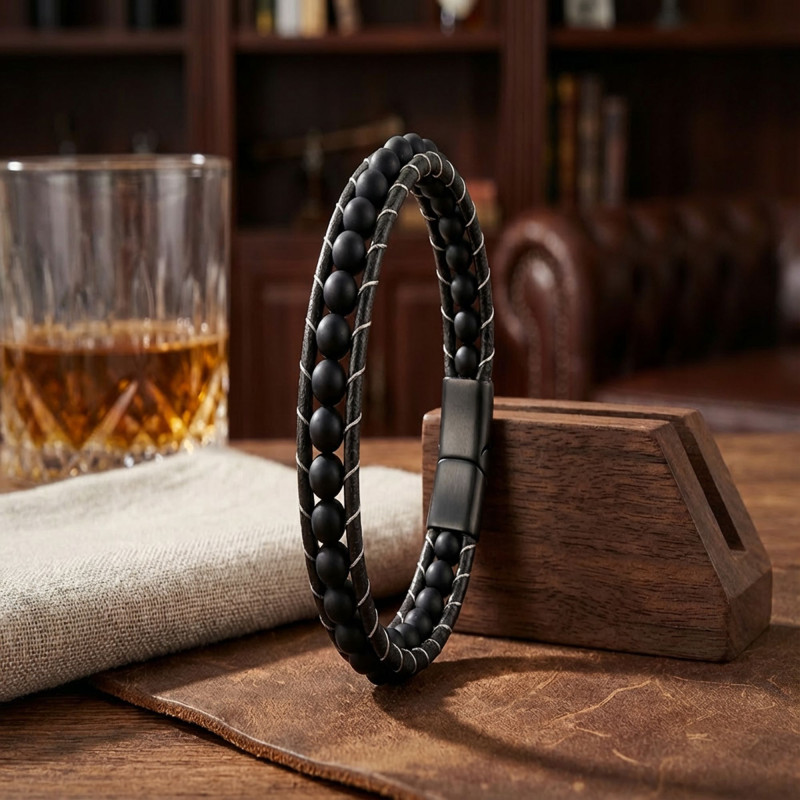 6mm Mat Oniks Taşlı Deri Kordon Ve Çelik Bileklik 6mm Mat Oniks Taşlı Deri Kordon Ve Çelik Bileklik