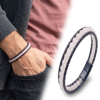 6mm Pembe Kuvars Deri Kordon Ve Çelik Bileklik