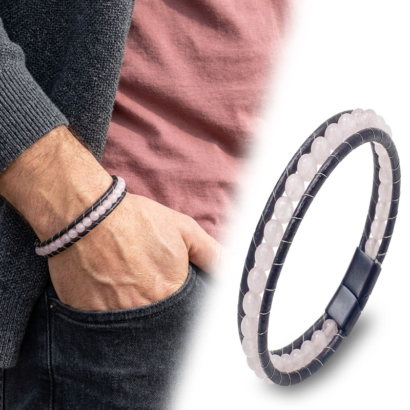 6mm Pembe Kuvars Deri Kordon Ve Çelik Bileklik