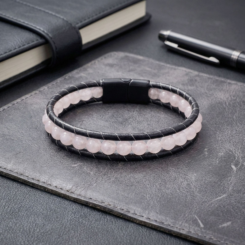 6mm Pembe Kuvars Deri Kordon Ve Çelik Bileklik