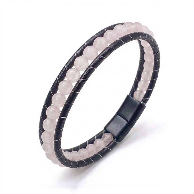 6mm Pembe Kuvars Deri Kordon Ve Çelik Bileklik