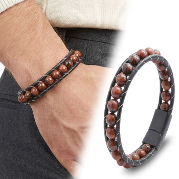 8mm Mahogany Obsidian Natural Stone and Leather Men's Bracelet