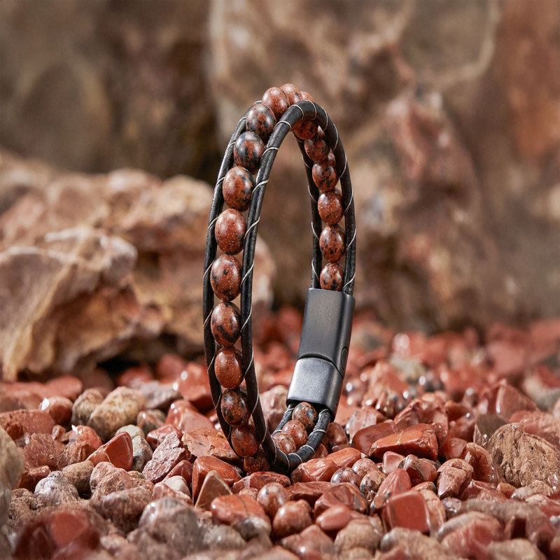 8mm Maun Obsidyen Doğaltaş Ve Deri Bileklik