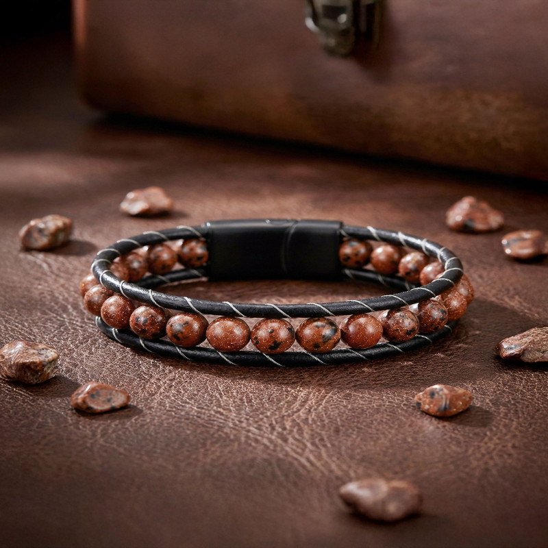 8mm Maun Obsidyen Doğaltaş Ve Deri Bileklik