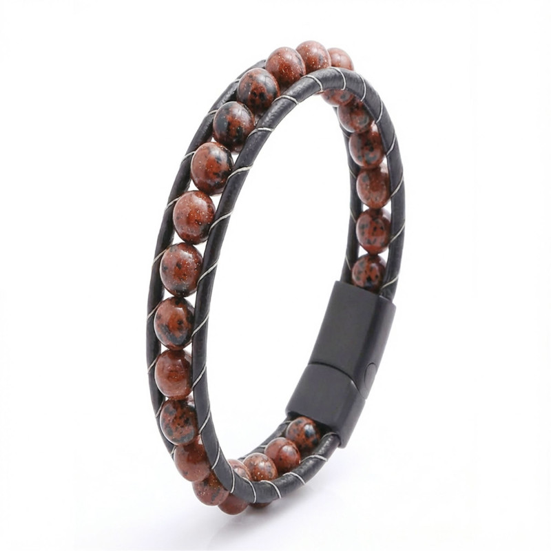 8mm Maun Obsidyen Doğaltaş Ve Deri Bileklik