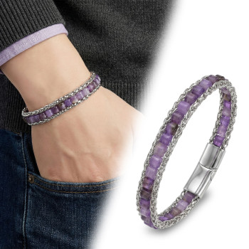 Ametist Doğal Taşlı Hasır Örgü Zincirli Erkek Çelik Bileklik