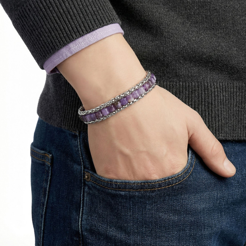 Ametist Doğal Taşlı Hasır Örgü Zincirli Erkek Çelik Bileklik