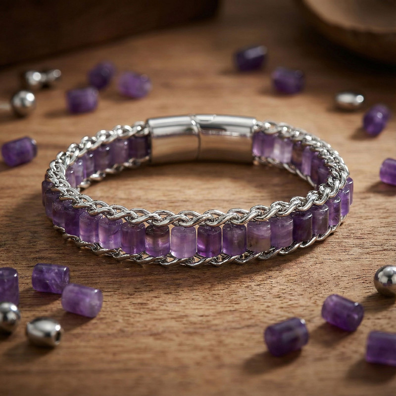 Ametist Doğal Taşlı Hasır Örgü Zincirli Erkek Çelik Bileklik