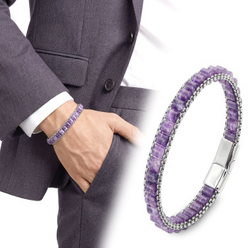 Ametist Doğal Taşlı Hasır Örgü Zincirli Erkek Çelik Bileklik