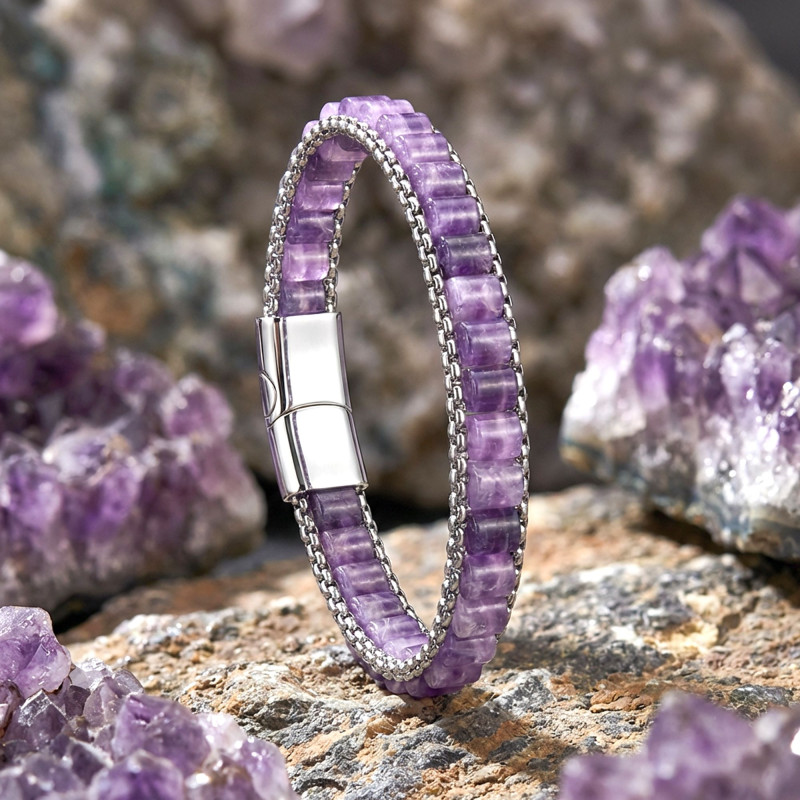 Ametist Doğal Taşlı Hasır Örgü Zincirli Erkek Çelik Bileklik