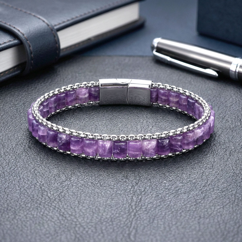 Ametist Doğal Taşlı Hasır Örgü Zincirli Erkek Çelik Bileklik