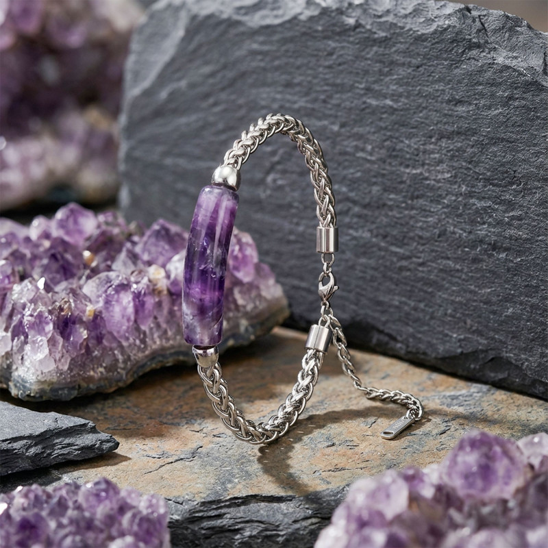 Ametist Doğal Taşlı Ve Ayarlanabilir Çelik Zincir Bileklik