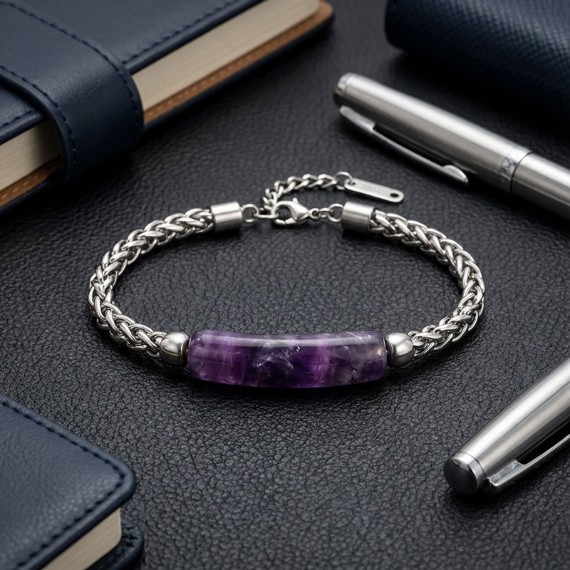 Ametist Doğal Taşlı Ve Ayarlanabilir Çelik Zincir Bileklik