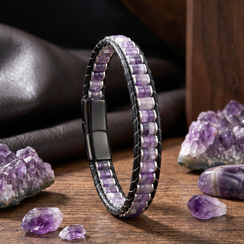 Ametist & Hematit Çelik Örgülü Deri Bileklik Ametist & Hematit Çelik Örgülü Deri Bileklik