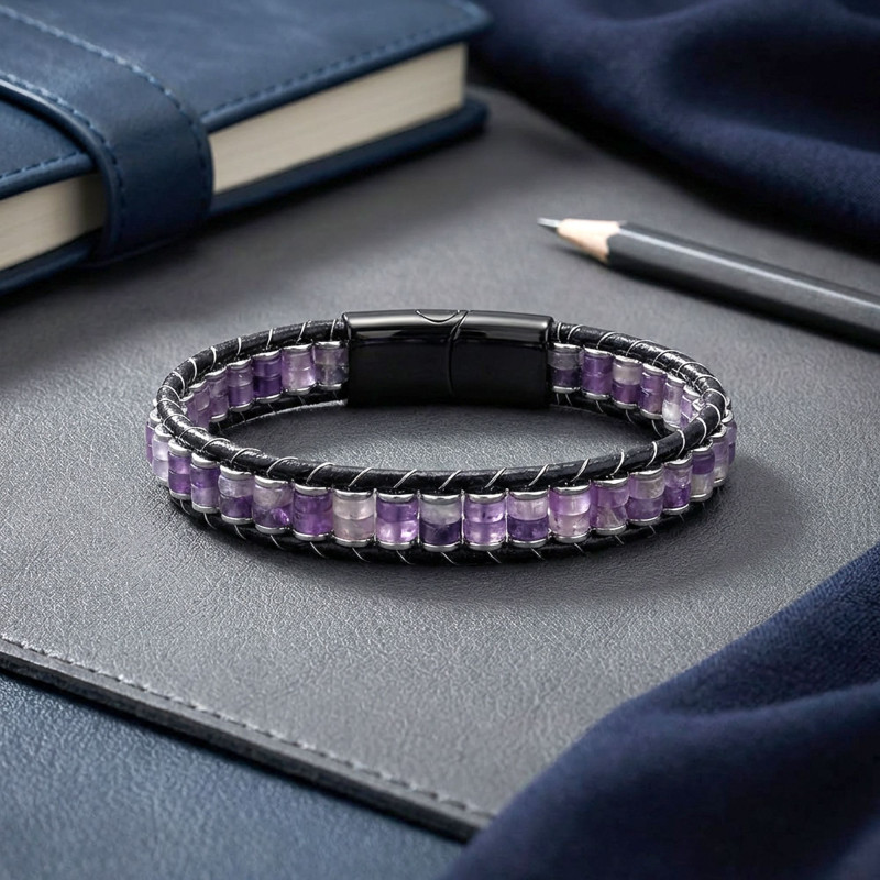 Ametist & Hematit Çelik Örgülü Deri Bileklik Ametist & Hematit Çelik Örgülü Deri Bileklik