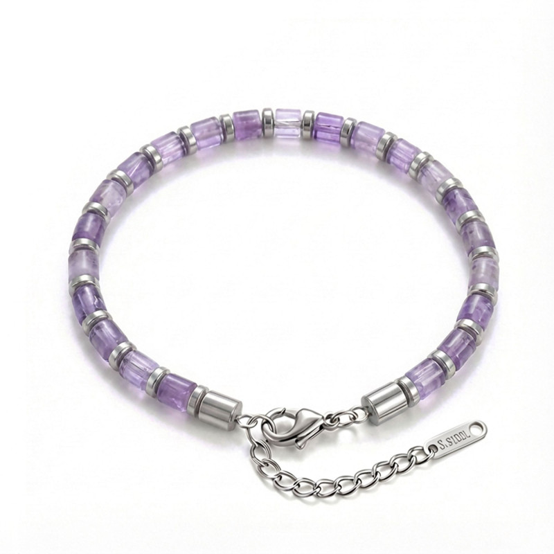 Ametist Taşı & Silver Hematit Taşlı Ayarlanabilir Çelik Zincir Erkek Bileklik