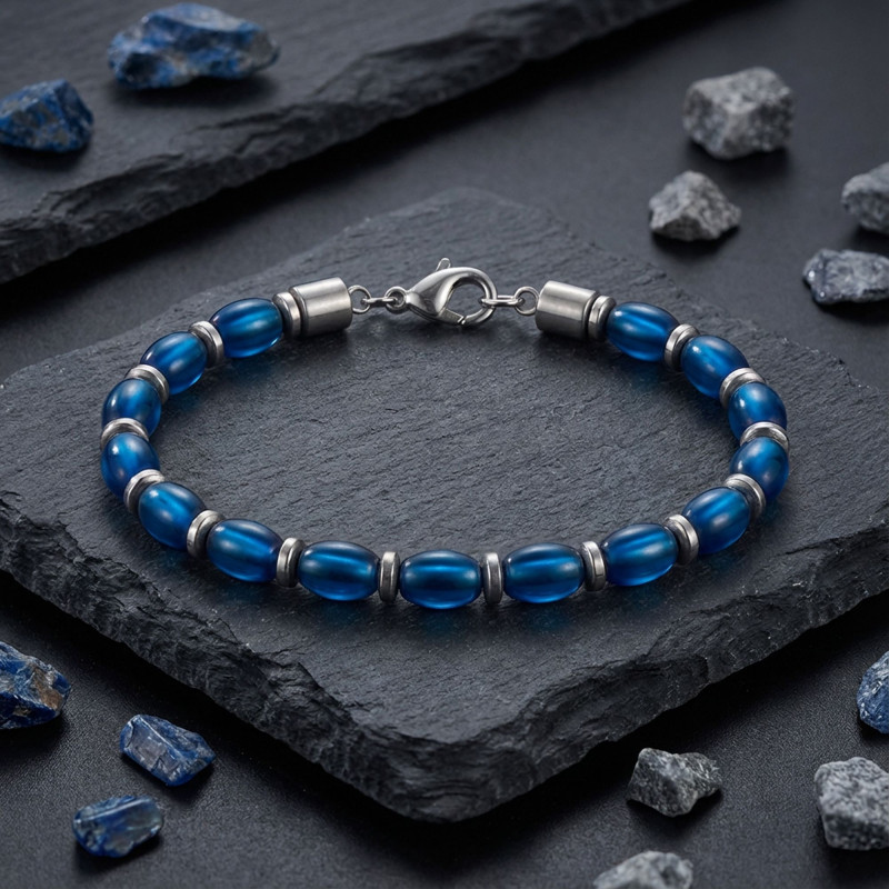 Arpa Kesim Mavi Ve Gümüş Hematit Doğal Taşlı Ayarlanabilir Çelik Zincir Bileklik