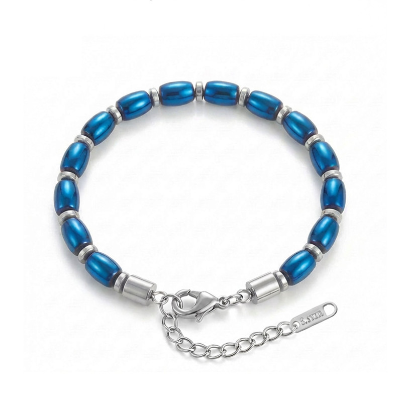 Arpa Kesim Mavi Ve Gümüş Hematit Doğal Taşlı Ayarlanabilir Çelik Zincir Bileklik