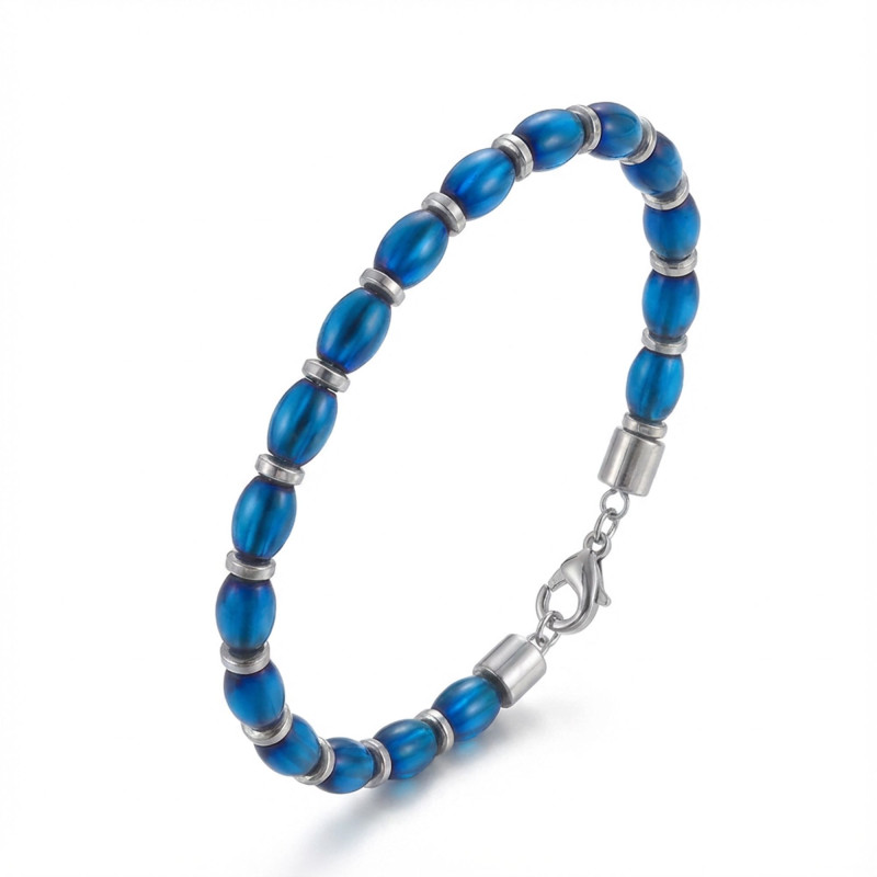 Arpa Kesim Mavi Ve Gümüş Hematit Doğal Taşlı Ayarlanabilir Çelik Zincir Bileklik