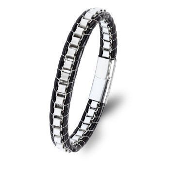 Beyaz Çelik Zincir Örgülü Ve Deri Erkek Bileklik