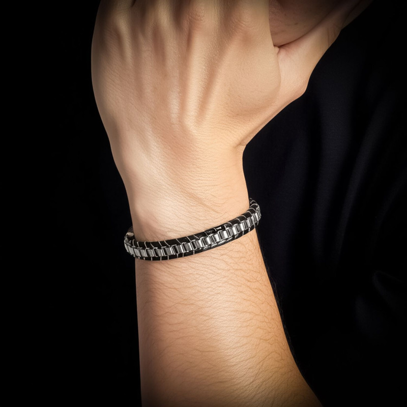 Beyaz Çelik Zincir Örgülü Ve Deri Erkek Bileklik