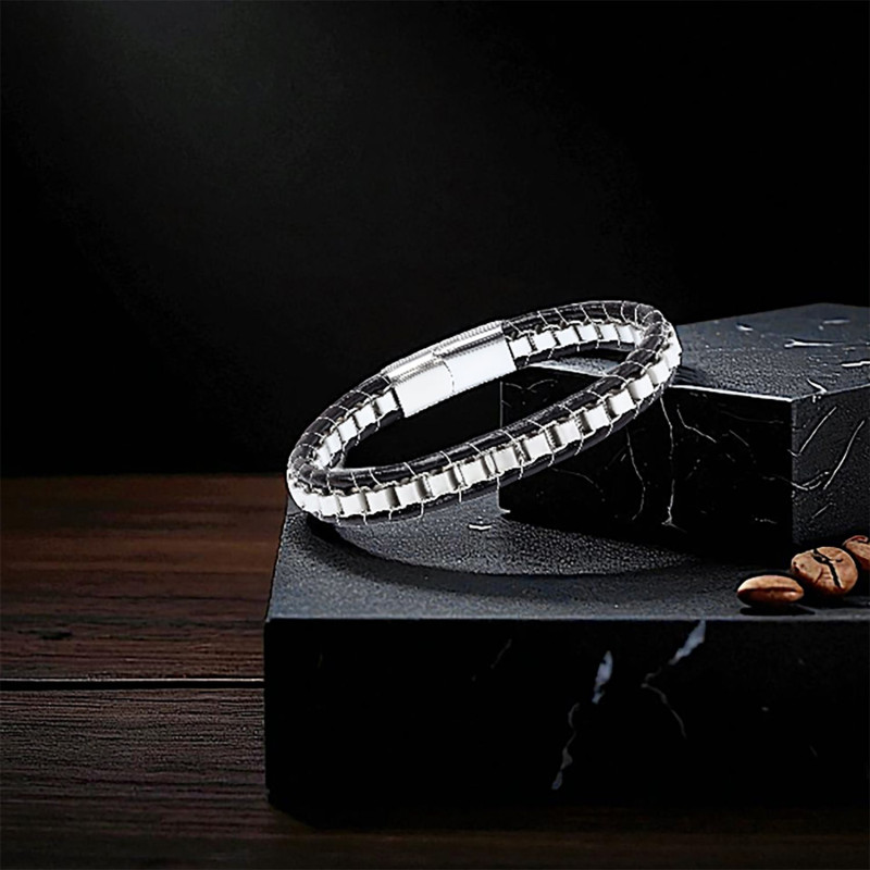 Beyaz Çelik Zincir Örgülü Ve Deri Erkek Bileklik