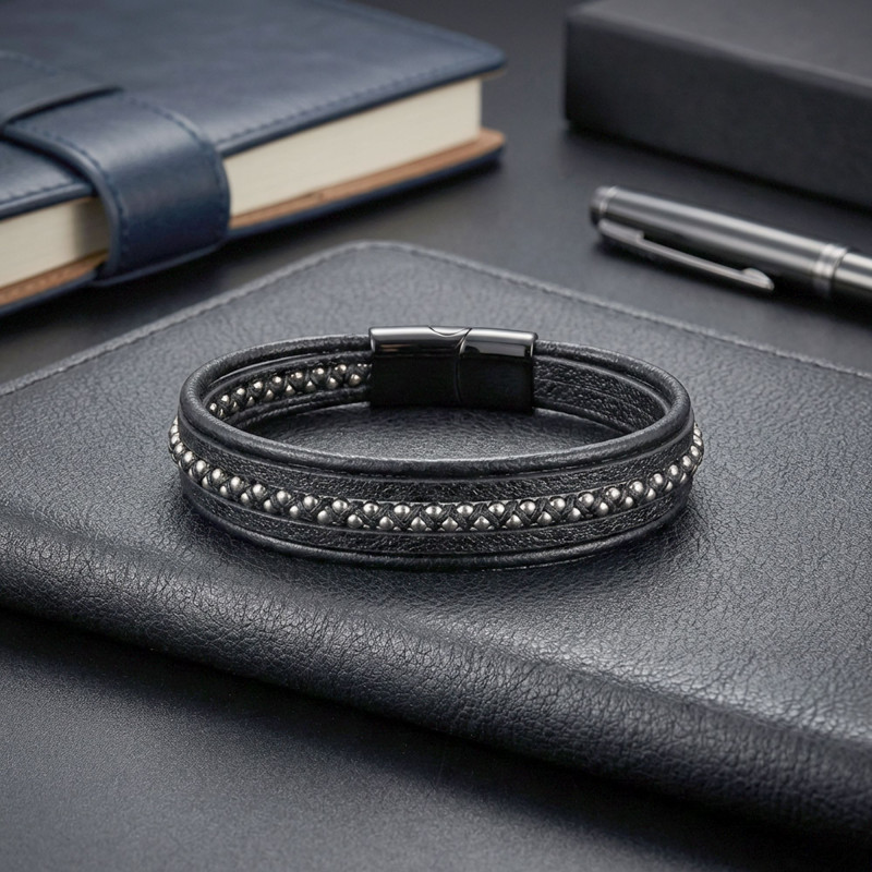 White Hematite and Multi-Layer Leather Bracelet White Hematite and Multi-Layer Leather Bracelet