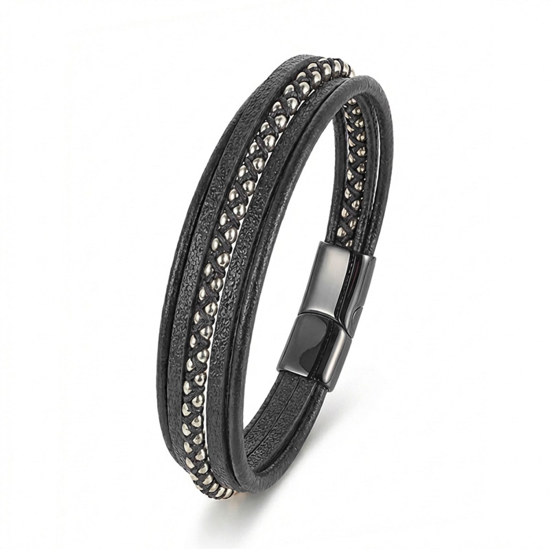 White Hematite and Multi-Layer Leather Bracelet White Hematite and Multi-Layer Leather Bracelet