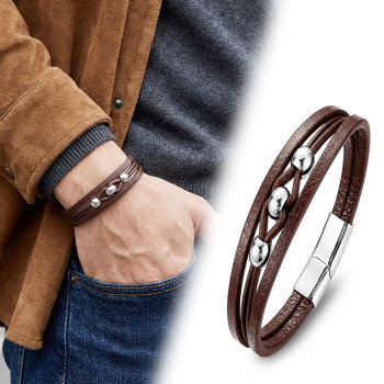 Steel Ball and Brown Leather Bracelet