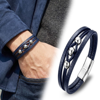 Steel Ball and Navy Blue Leather Bracelet