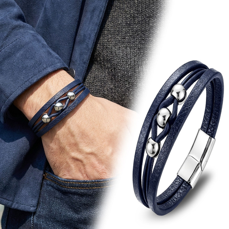 Steel Ball and Navy Blue Leather Bracelet