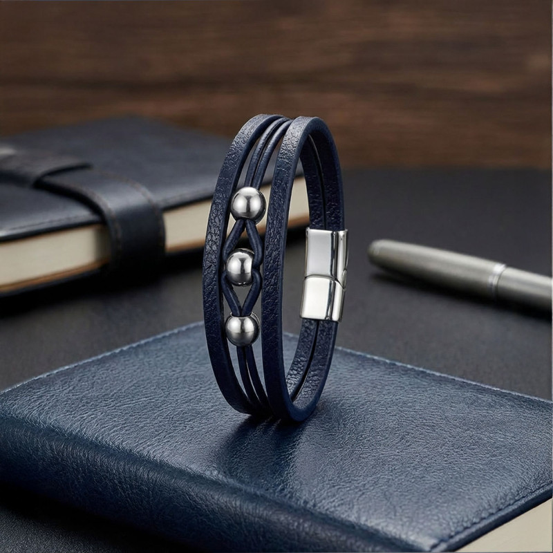 Steel Ball and Navy Blue Leather Bracelet
