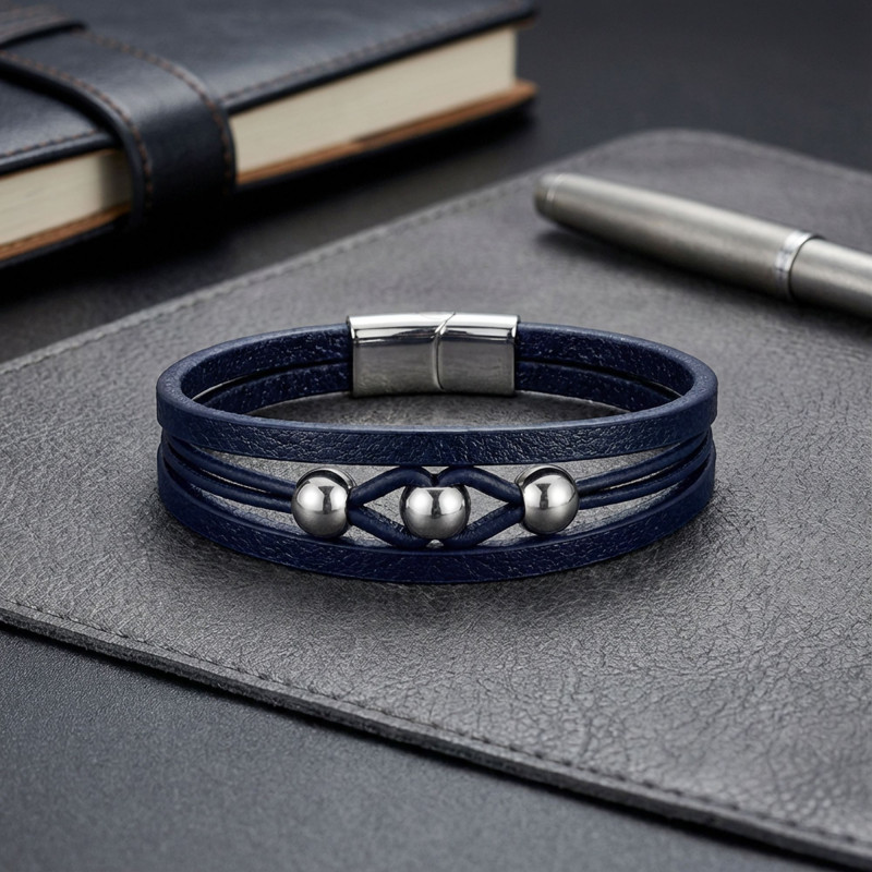 Steel Ball and Navy Blue Leather Bracelet