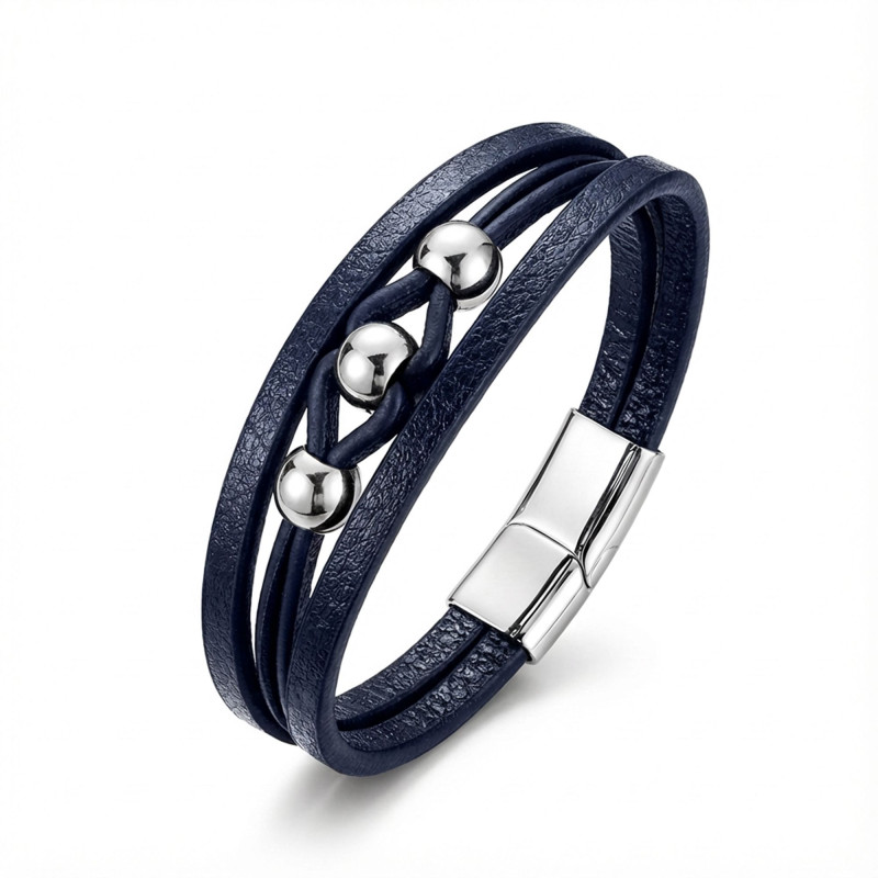 Steel Ball and Navy Blue Leather Bracelet