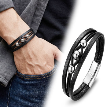 Steel Bead and Black Leather Men's Bracelet
