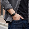 Steel Bead and Black Leather Men's Bracelet