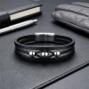Steel Bead and Black Leather Men's Bracelet