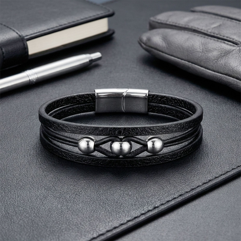 Steel Bead and Black Leather Men's Bracelet