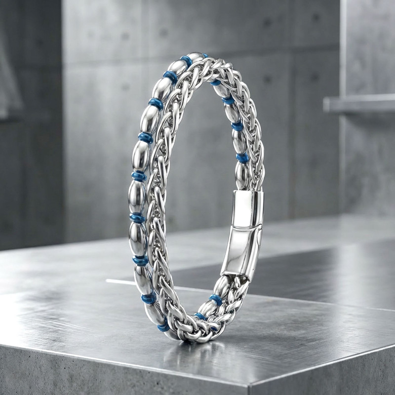 Çelik Zincirli Gümüş Arpa Ve Mavi Hematit Bileklik Çelik Zincirli Gümüş Arpa Ve Mavi Hematit Bileklik